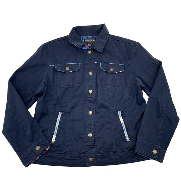 Live A Little Dark Blue Denim Button Down Stretch Jacket Zip Pockets Women's XL - Picture 1 of 12